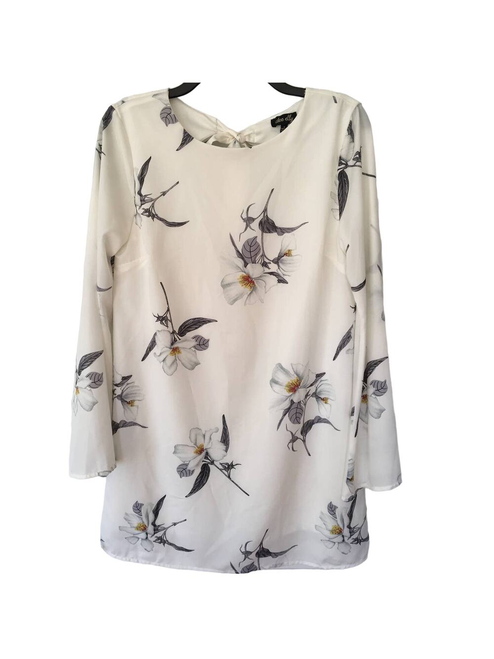 Dee Elly Small Ivory Floral Mini Dress Long Bell Sleeves Tie at Back Collar